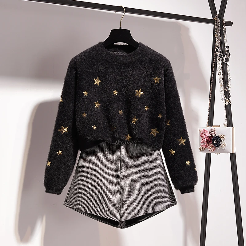 

2020 New Fall Winter Sweater for Women Loose Plus Size Sweaters Sequins Pullover+wool Blend Shorts Top and Pants Two Piece Set