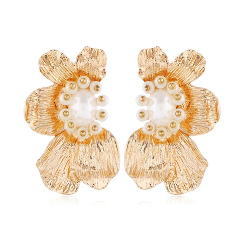 Gold Flower Earrings New Imitation Pearl Crystal Dangle Earring For Women Metal Hyperbole Earring Jewellery Brincos