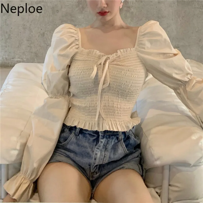 

Neploe Spring 2020 Women Blouses Sexy Shoulder Strapless Square Collar Shirts Solid Full Sleeve Slim Waist Tops Female 80559