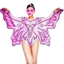 

Pink Butterfly With Wings Decoration Bodysuit Perspective Sparkling Full Rhinestones Bodycon Nightclub Dance Show Wear Women