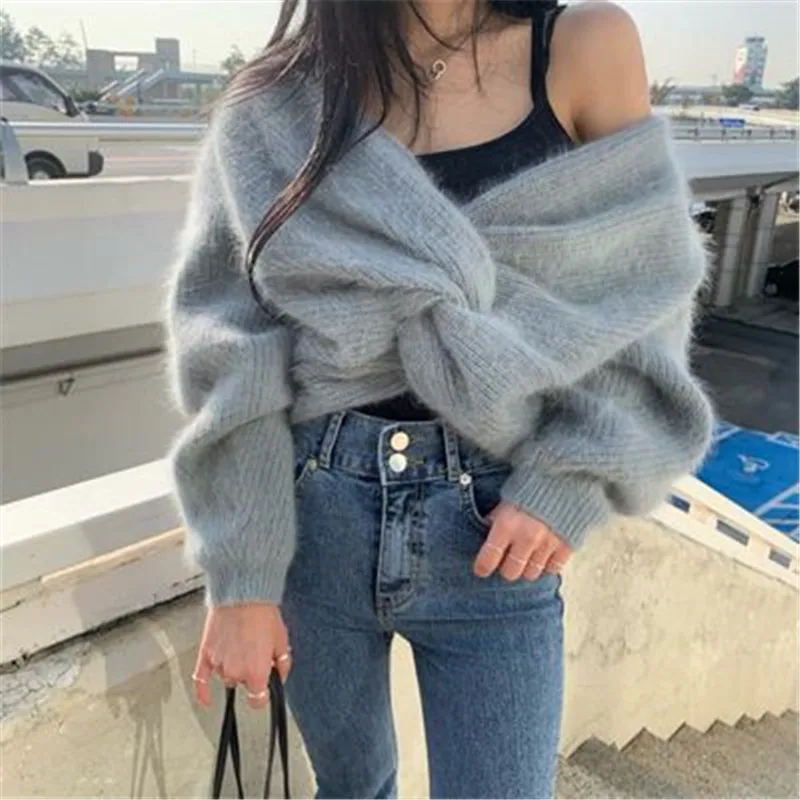 

2020 New Arrivals Korean Mink Cashmere Thick Warm Sweater Cross Loose Long-sleeve Pullovers Jumper Casual Lady Knitted Tops