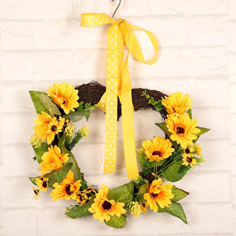 

Heart-Shaped Decorative Artificial Flower Wreath Green Leaves Front Door Window Wedding Decorations Garland With Yellow flower
