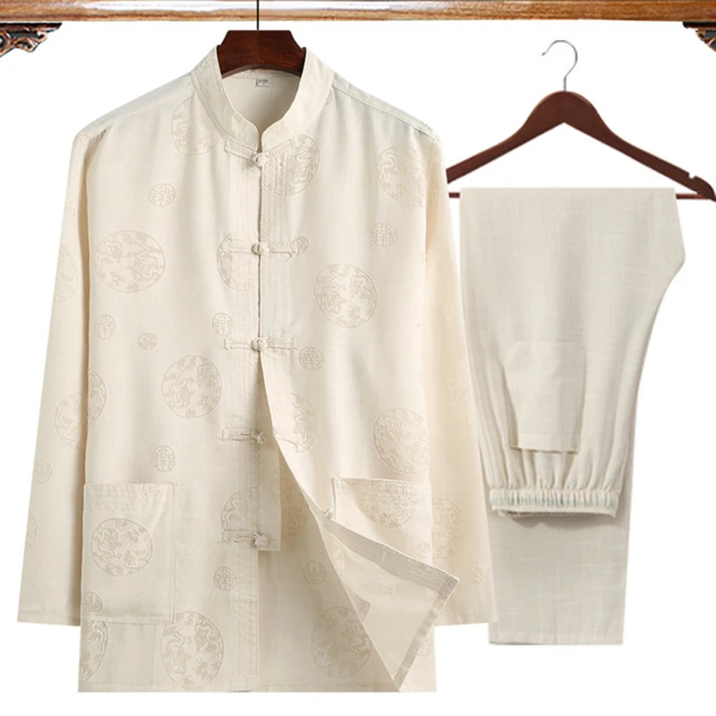 Plus Size4XL(Long Sleeve Shirt+Pant)Pure Color Cotton Linen 2PcsSet Men Kung Fu Tai Chi Suit ClassicWu Shu Clothing For Father