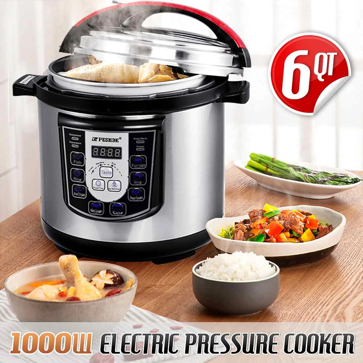 

6L Pressure Cooker 1000W Multi-function 8 Preset 24 hour Timer Fast Cooking Tools Aluminum Alloy Liner Electric Pot Cooker 110V