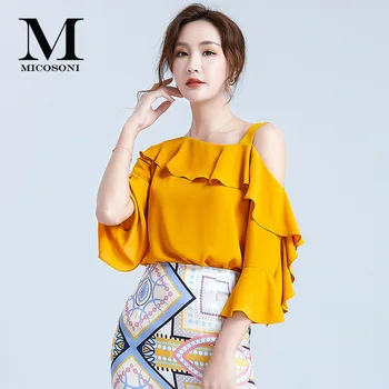 

Micosoni 2020 Summer New Fashion Women's Ruffled Skew Collar Off-the-Shoulder Stitching Chiffon Shirt Solid Color Blouses M-XL