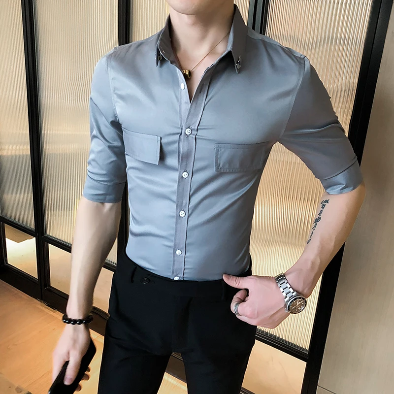 Летняя Повседневная приталенная рубашка для мужчин с коротким рукавом