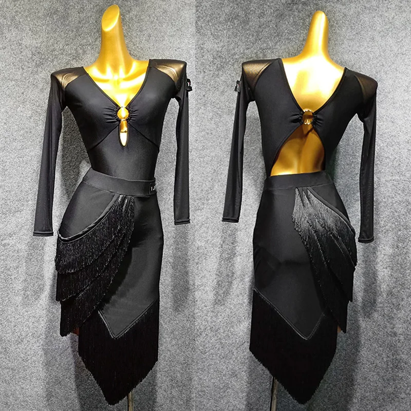 

Latin Dance Dress Black Sexy Halter Bodysuit Tassel Skirt Ladies Rumba Chacha Samba Carnival Costumes Adult Practice Wear DN4063