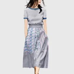 LLZACOOSH Fashion Women Summer Short Sleeve Pullover Stripe TShirt Top& A Line Printed Knee Lenght Skirt Two Piece Sets Outfits
