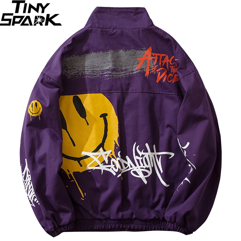 

Spring 2020 Men Jacket Windbreaker Smiling Face Graffiti Hip Hop Track Jacket Streetwear Zipper Jacket Coat Purple Hipster