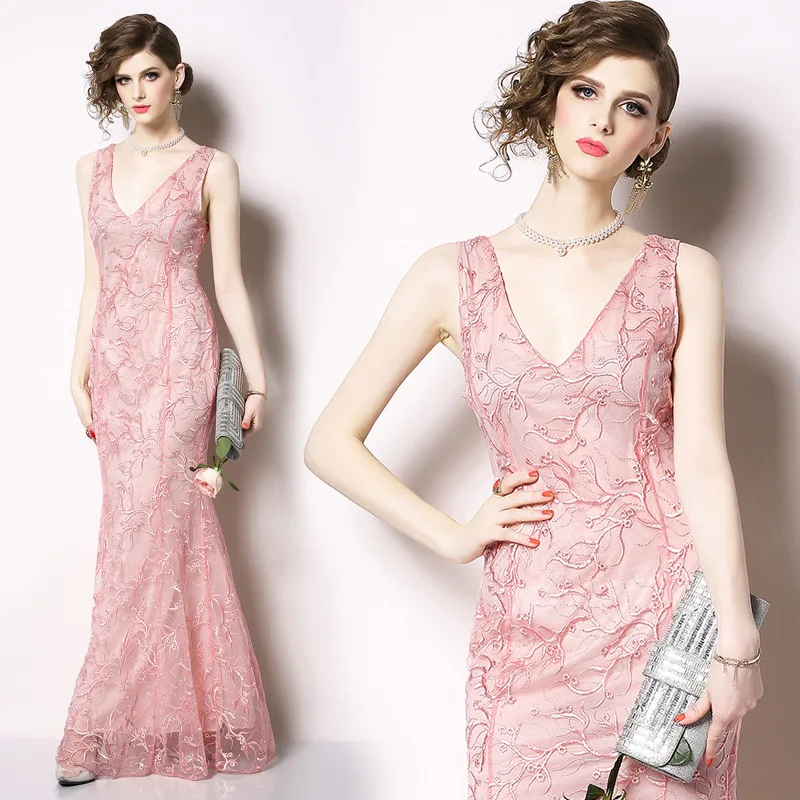 

Ozhouzhan 2019 Spring And Summer WOMEN'S Dress New Style Lace Sleeveless Deep-V Backless Formal Dress Slim Fit Long Skirts-