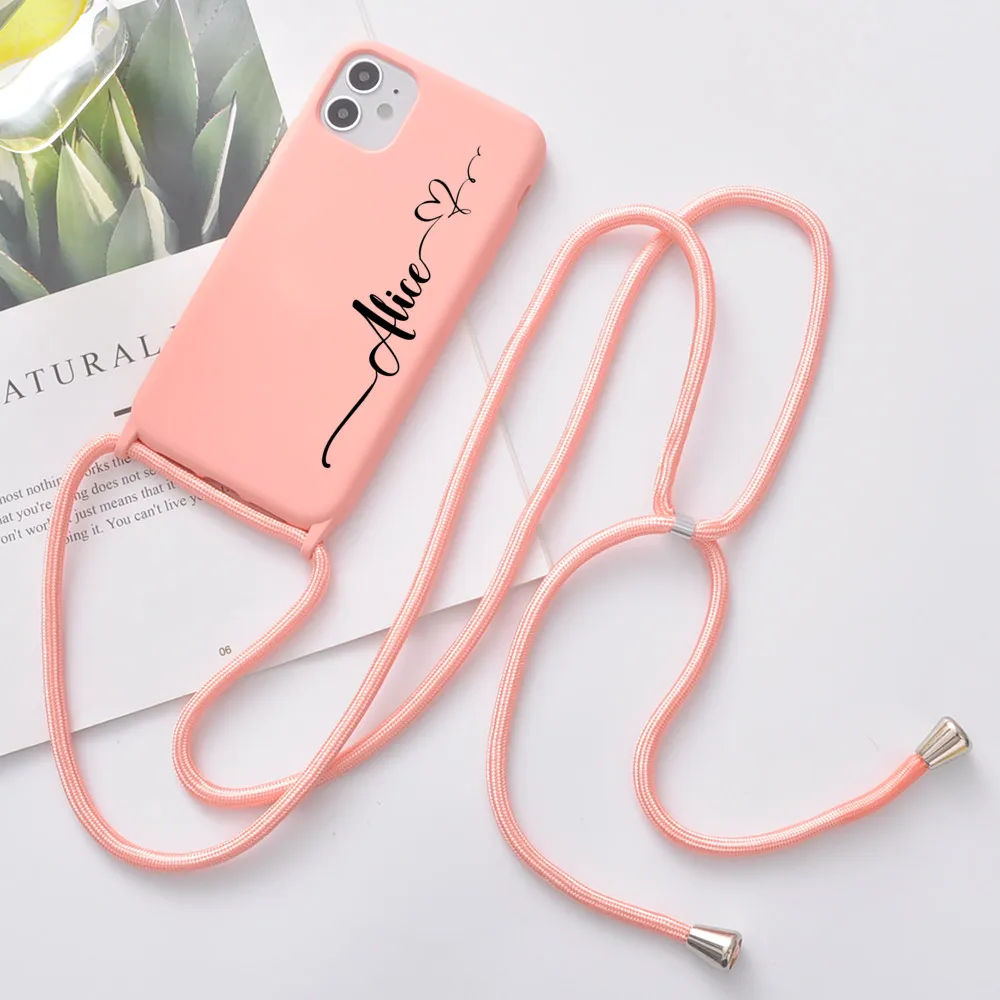 Custom Name for iPhone 12 Pro Max 7 8 Plus X XR XS 11 Phone Case With Strap SE 2020 Coque Girls Gift Soft Silicone Funda DIY mobile pouch Cases & Covers