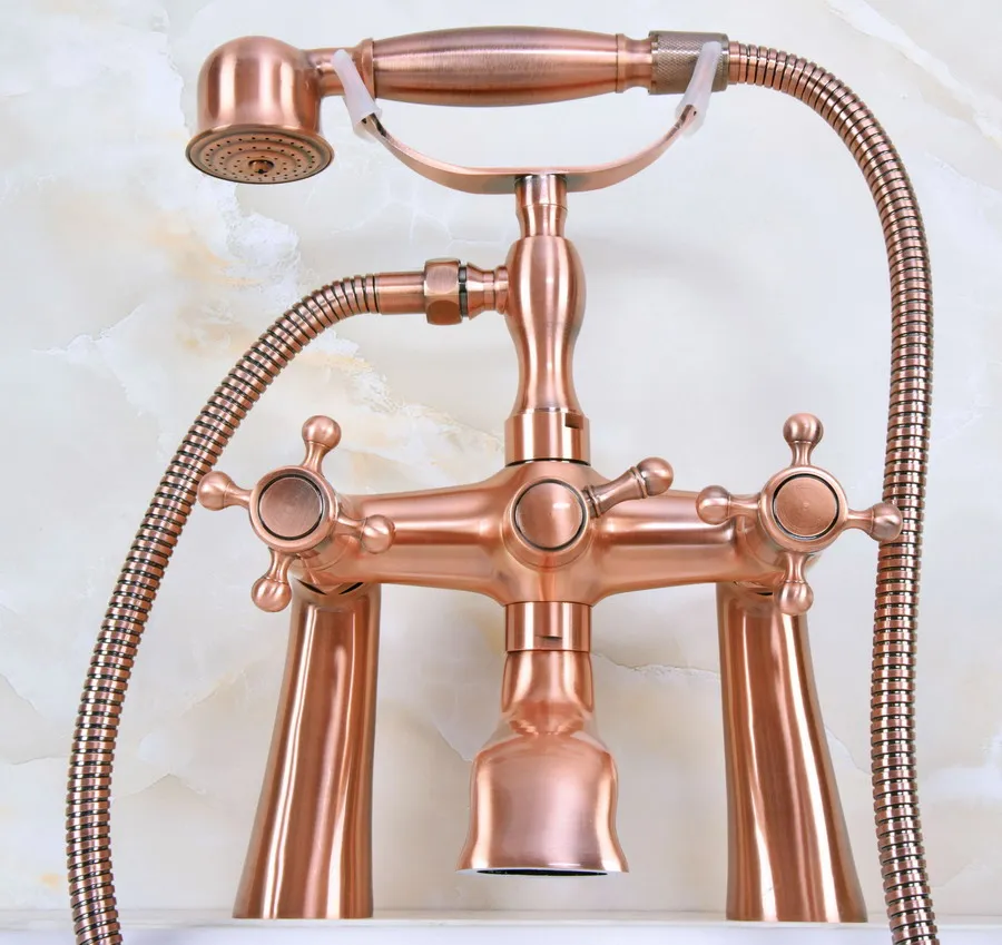 

Antique Red Copper Deck Mounted Bathroom Tub Faucet Dual Cross Handles Telephone Style Hand Shower Clawfoot Tub Filler ana159