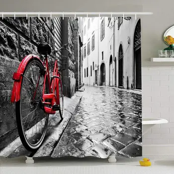 

Shower Curtain Set with Hooks 66x72 Retro Vintage Red Bike Florence On Cobblestone Sports Recreation Poster Parks in indoor