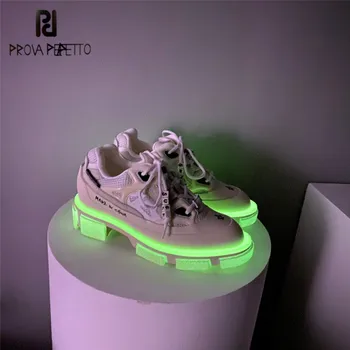 

Prova Perfetto 2020 Fashion Genuine Leather Fluorescence Luminous Women Vulcanized Shoes Lace-Up Height Increasing Casual Shoes