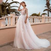 

Bohemian Appliques Wedding Dress Lace Princess Bridal Dresses illusion Sweep Train Bridal Gowns Vestido De Noiva