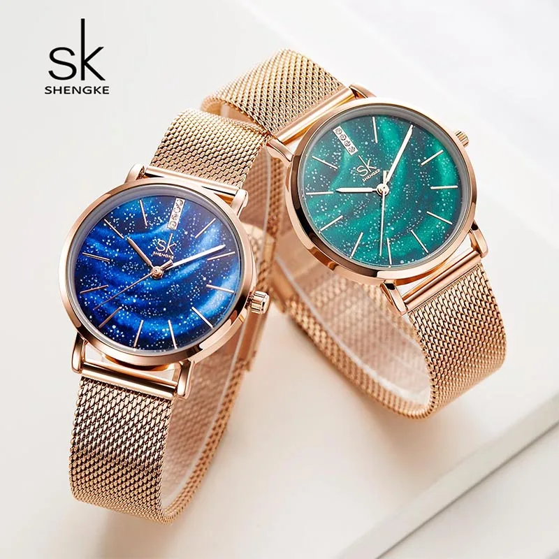 

Shengke Watch Women Starry Dial Luxury Designer Stainless Steel Band SK Quartz Wrist Watch Ultra-thin Reloj Mujer Gift for Women