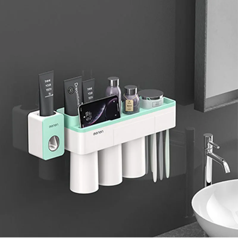 Магнитный держатель для зубных щеток с адсорбцией, перевернутая чашка, настенное крепление для ванной комнаты, держатель для моющего средства, набор аксессуаров для ванной комнаты - Цвет: 3 Green add