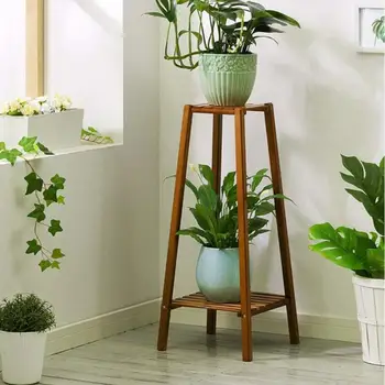

Bamboo 2 Tier Tall Plant Stand Pot Holder Small Space Table Garden Planter