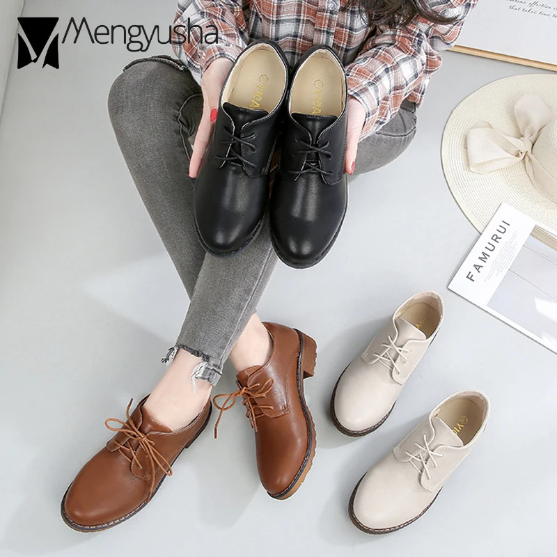 Ladies Oxford Shoes Leather Derby Rubber Flats Women Lace-Up Low Thick Heels Creepers Academic Girls Student Loafers