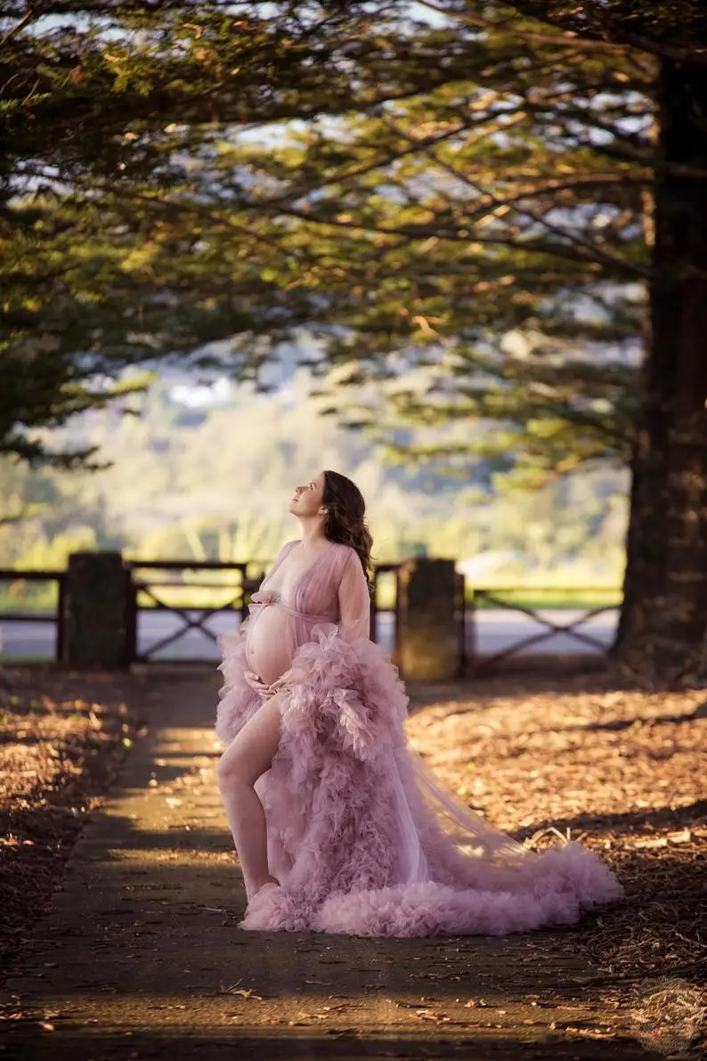 

Unique Custom Made Tulle Maternity Robes Women Sheer Long Maxi Photoshoot Fluffy Tiered Tulle Robe Formal Event Overlay Dress