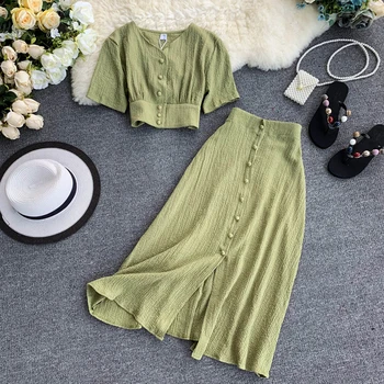 

FTLZZ Summer Two Piece Set New Women V Neck Short Sleeve Tunic Waist Crop Tops + High Waist Long Skirt Suits