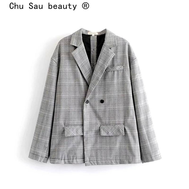 Chu Sau beauty, новинка, Модные осенние клетчатые свободные блейзеры, Женские повседневные, шикарные, однобортные, верхняя одежда, женские куртки