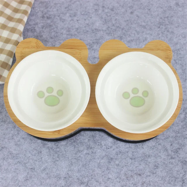 Лидер продаж Высококачественная миска для домашних животных бамбуковая полка керамические миски для кормления и питья кошек для собак миски для домашних животных кормушки аксессуары - Цвет: green paw
