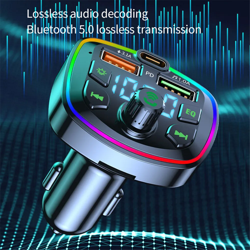 Car Bluetooth Cigar Lighter Radio FM Transmitter PD 18W Type-C Dual USB  3.1A Colorful Ambient Light Charger MP3 Music Player