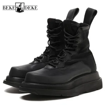 

Thick Platform Height Increasing Mens Military Combat Boots High Top Genuine Leather Ankle Boots Lace Up Moto Biker Safety Shoes