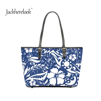 

Jackherelook Polynesian Hibiscus Pattern Female PU Leather Handle Tops Shoulder Bags Large Tops Casual Daily Tote Trendy Bag