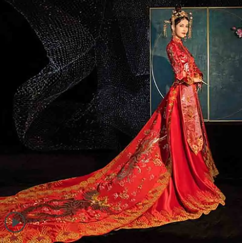 

Chinese Traditional Bridal Wedding Hanfu Red Trailing Dress Satin Hand Embroidery Hanfu Queen Cosplay Costume Hanfu For Women