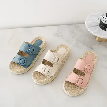 

Genuine Leather Square Head Sandals Hemp Straw Thick Bottomed Belt Buckle Slippers Casual Comfortable Low-top Shoes