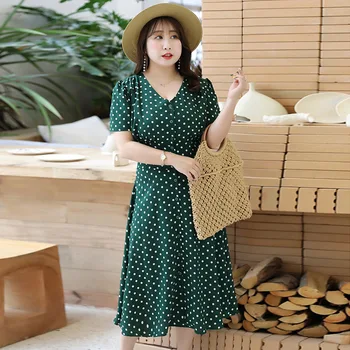 

Women's summer chiffon button polka dot dress plus size knee length casual wear 100 kg can be worn