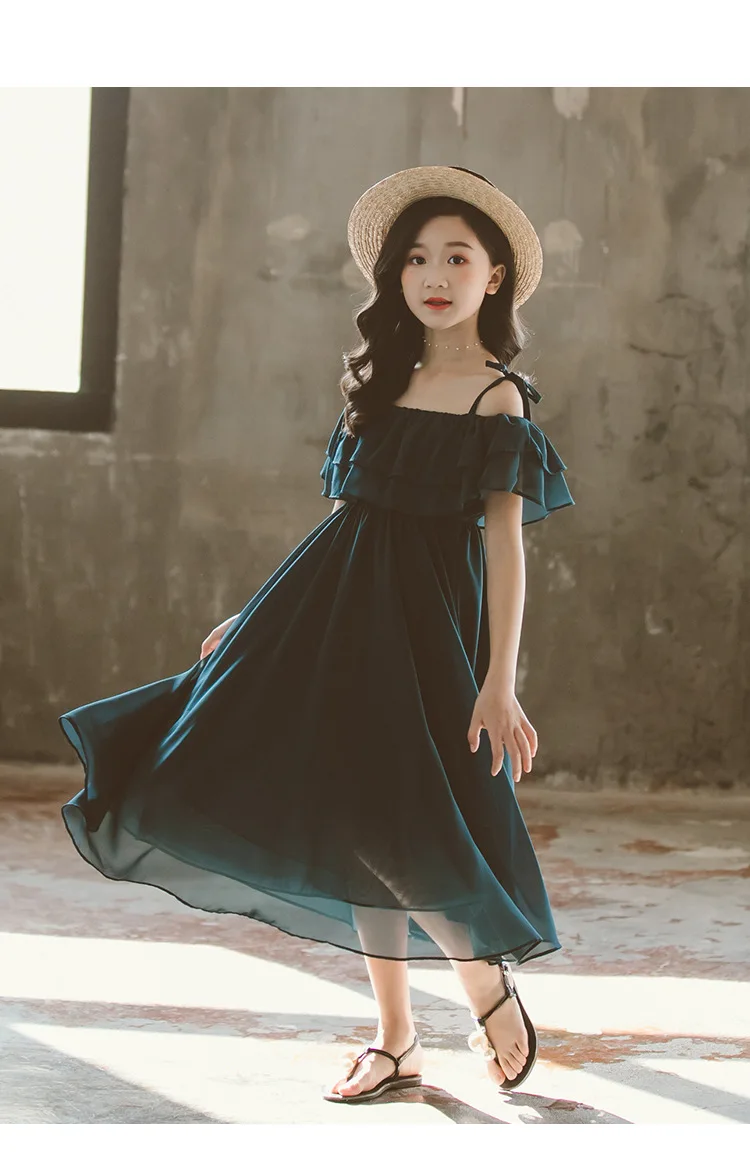 Summer Dresses For Girls Slip Off shoulder Dresses 2022 New Chiffon Beach Kids Dress Costumes For Girls 5 6 7 8 9 10 11 12 Years beach dresses