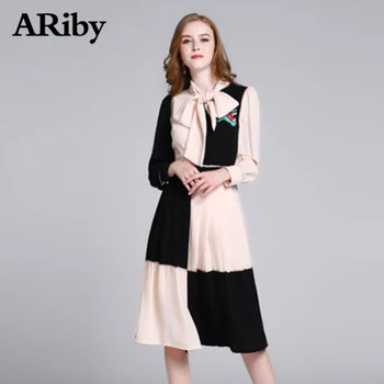 

ARiby Spring fashion dress dress big plaid patchwork bow long-sleeved dress high quality temperament trend Slim women's clothing