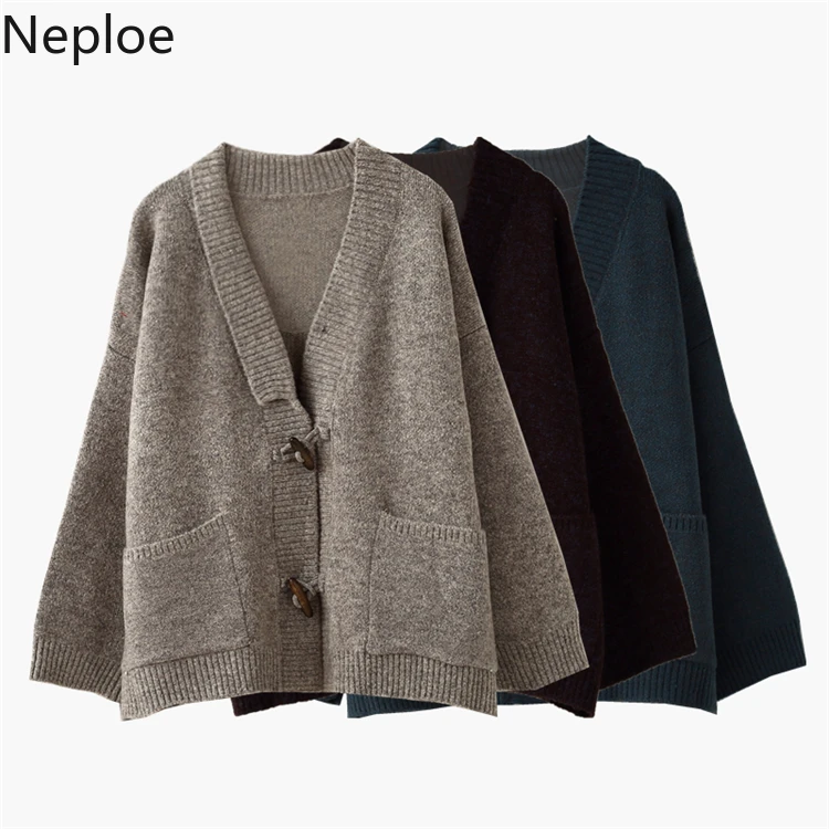 Neploe Casaco Feminino корейский карманы негабаритный вязаный женский кардиган Повседневный толстый трикотаж Роговая Пряжка винтажный свитер пальто 54586