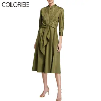 

Vintage Army Green Lace Embroidery Woman Dress 2020 Autumn European Runway Designers Long Sleeve Mini Dresses Women