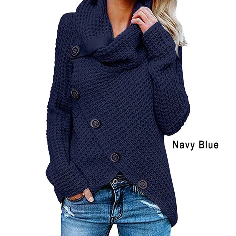 Женский свитер с высоким воротом, зимний Повседневный свитер, Свободный вязаный женский пуловер с пуговицами размера плюс - Цвет: Синий