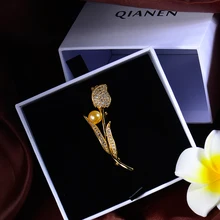 Vintage Color dorado plateado flor tulipanes broches Rhinestone Bouquet Bijoux Pins mujeres boda ropa joyería Accesorios