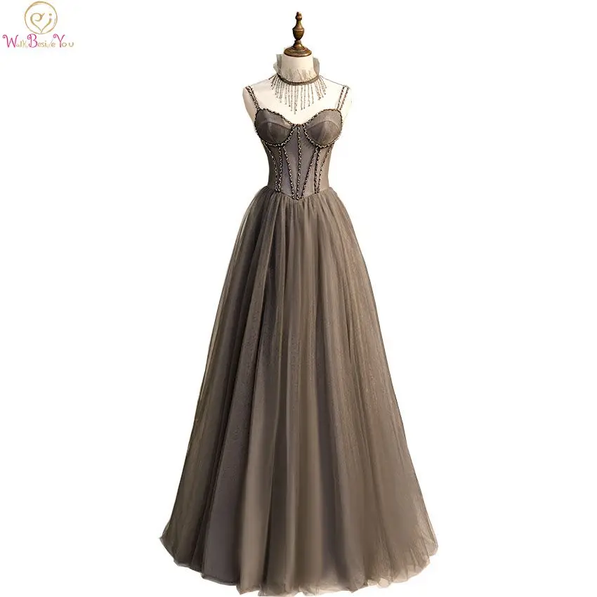 

Evening Gowns Debut Vintage Prom Dresses Summer Gray Elegant Beading Spagnetti Strap Sweetheart Long Transparant Tulle A Line
