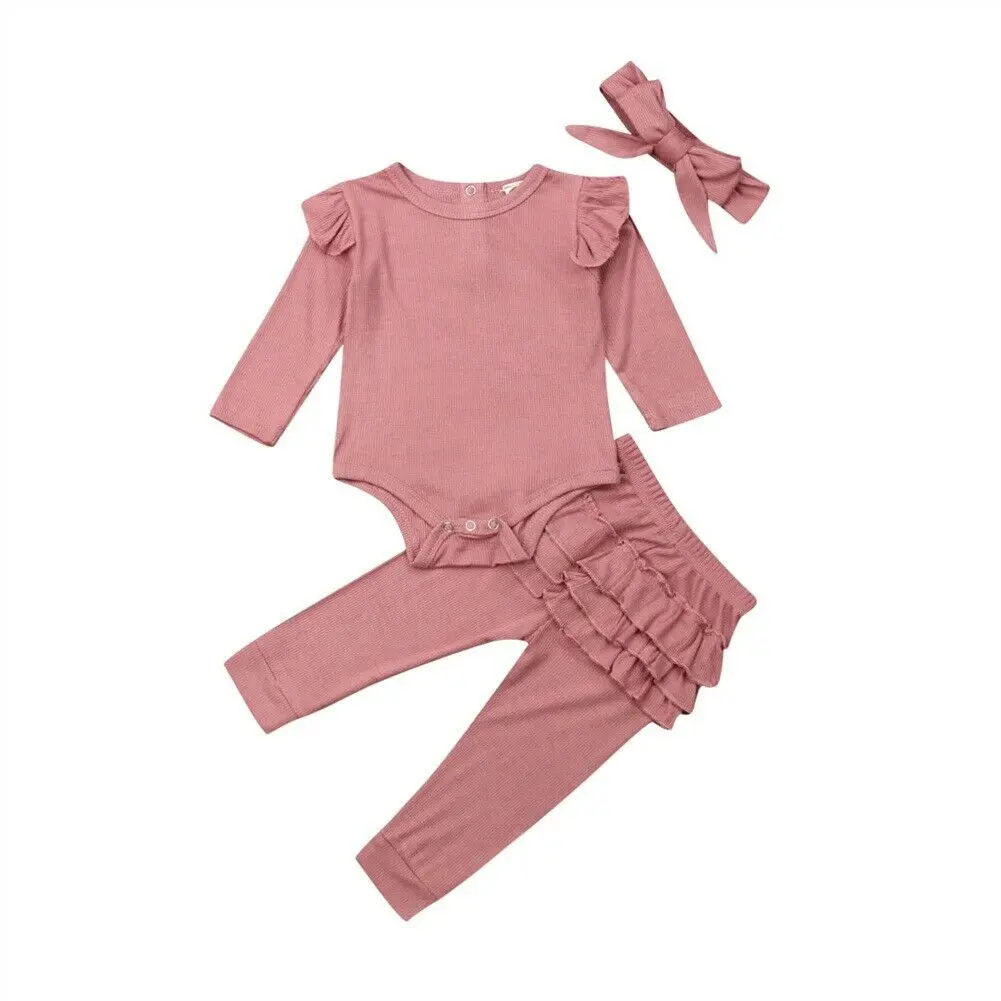 Комплект одежды из 3 предметов для маленьких девочек; коллекция года; осенний однотонный боди с длинными рукавами для новорожденных; штаны с оборками; повязка на голову; комплект одежды - Цвет: Розовый