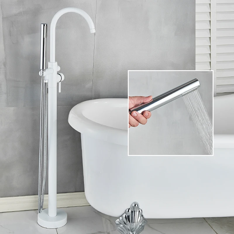 White Bathtub Shower Faucet Floor Standing Shower Tub Spout Single Handle Hot/Cold Water Mixer Tap Bathroom Faucet shower set,bathtub faucet,shower faucet,water mixer
