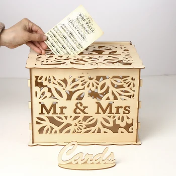 

DIY Wooden Wedding Card Box with Lock Card Sign Rustic Hollow Gift Card Holder Reception Wedding Anniversary Party Decoration