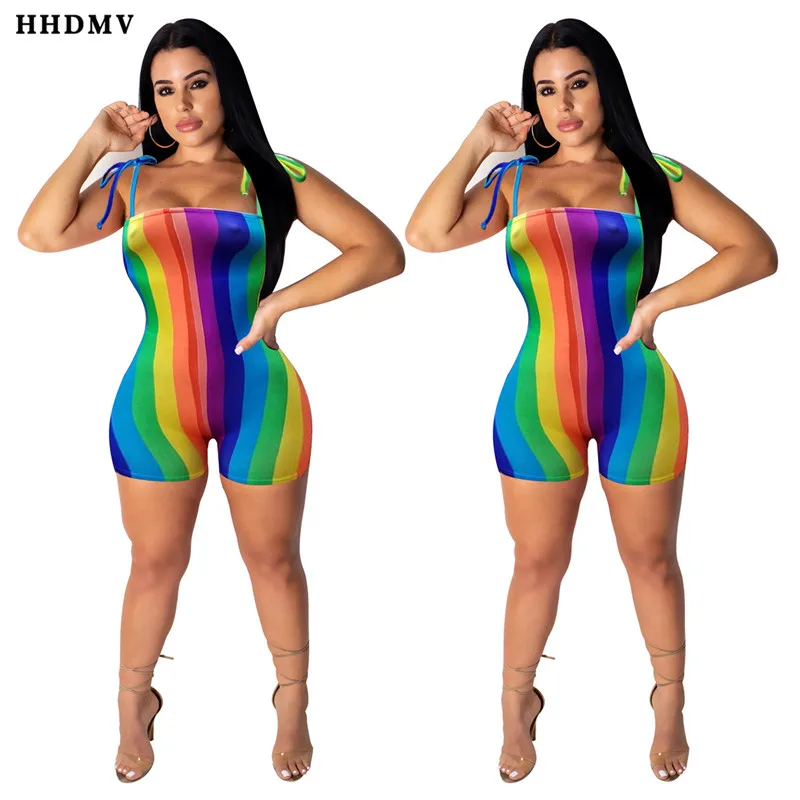 HHDMV summer reduction of age beach style jumpsuits sleeveless condole belt striped tight colorful jumpsuits short pants
