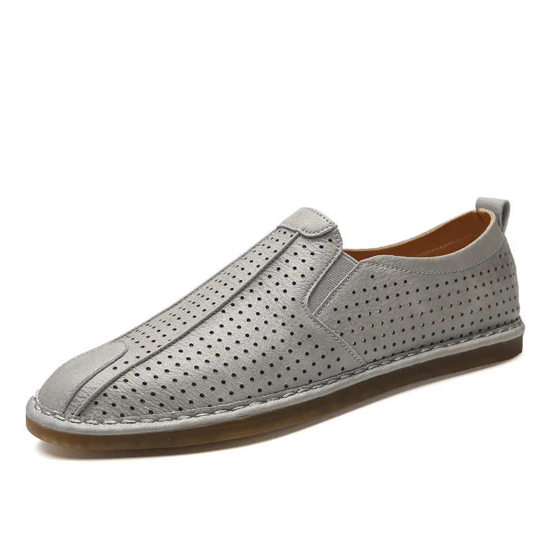 BZBFSKY Spring Hollow Leather Men Loafers Slip On Breathable Soft Outdoor Man's Footwear Flats Comfortable Casual Men's Shoes - Цвет: Серый