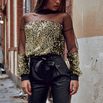 

Sheer Mesh Patchwork Sequin Tops Women Transparent Long Sleeve T Shirt Streetwear Elelgant Ladies Sequined Tops Spring Blusa
