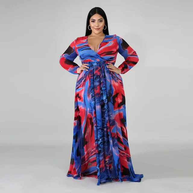 2021 Chiffon Long Sleeve Cross V-Neck Maxi Dress Bohemia Dress Full Plus Size Celebrity/Graduation/Dinner Dress Beach Sundress D5508 Blue