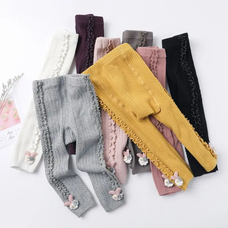 

WEIXINBUY Spring Autumn Children Girls Leggings Soft Cute Thick Stretchy Solid Color Rabbit Decoration Pants Bottoms
