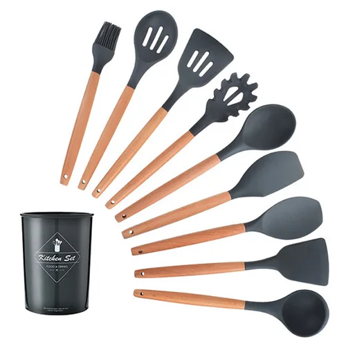 Новейший набор силиконовых кухонных принадлежностей с деревянной ручкой, антипригарная лопатка черпак, кухонные инструменты FDA с ящиком для хранения - Цвет: black 10pcs-B