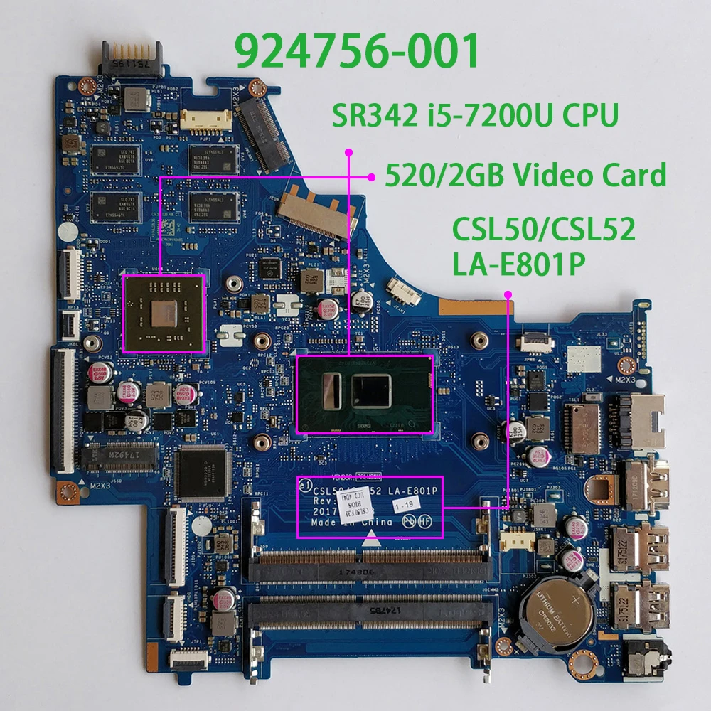 924756 001 601 CSL50/CSL52 LA E801P w 2GB VRAM i5 7200U для ноутбука HP 15 BS BR BU материнская плата